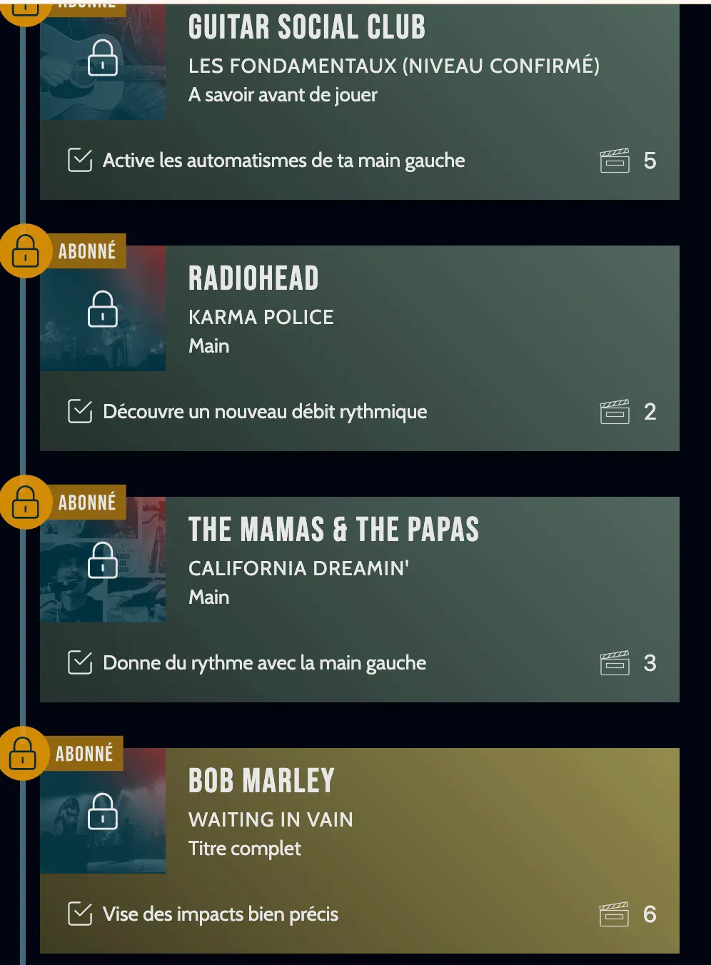 Parcours réel du profil rock, quatre premières étapes : les fondamentaux, Karma Police, California Dreamin’ et Waiting in Vain, avec leurs objectifs pédagogiques