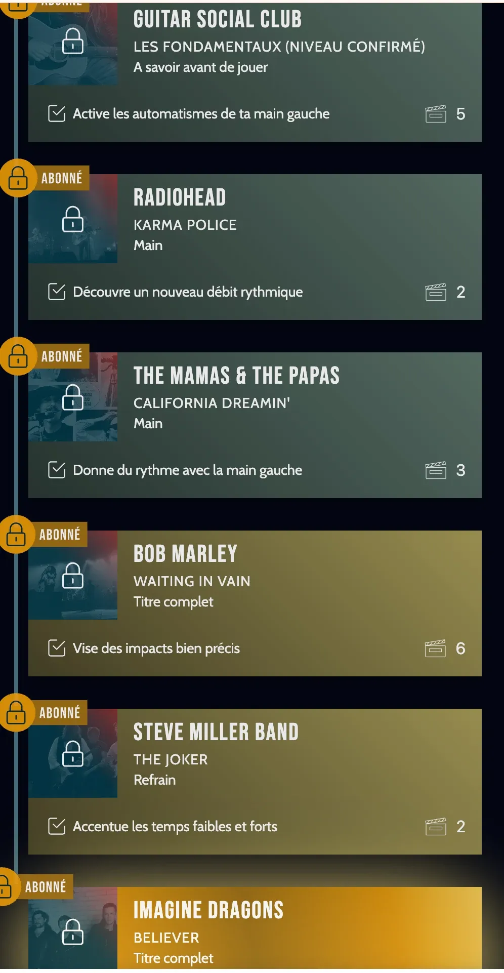 Parcours réel du profil rock : Karma Police, California Dreamin’, Waiting in Vain, The Joker et Believer, avec leurs objectifs pédagogiques