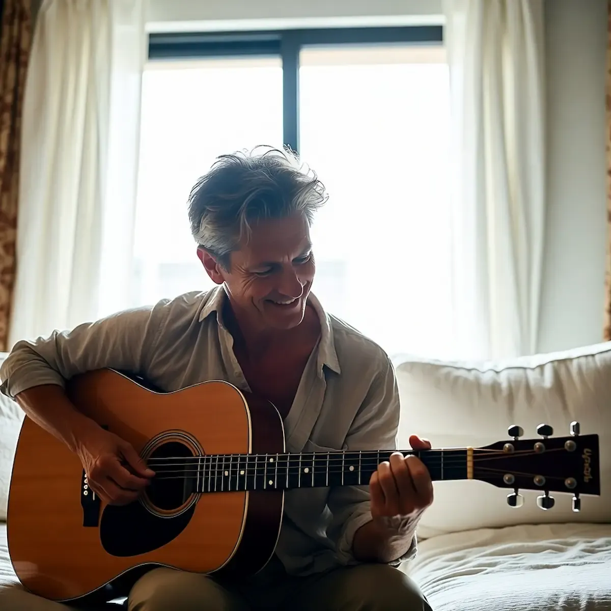 Adulte jouant de la guitare avec plaisir dans un intérieur chaleureux