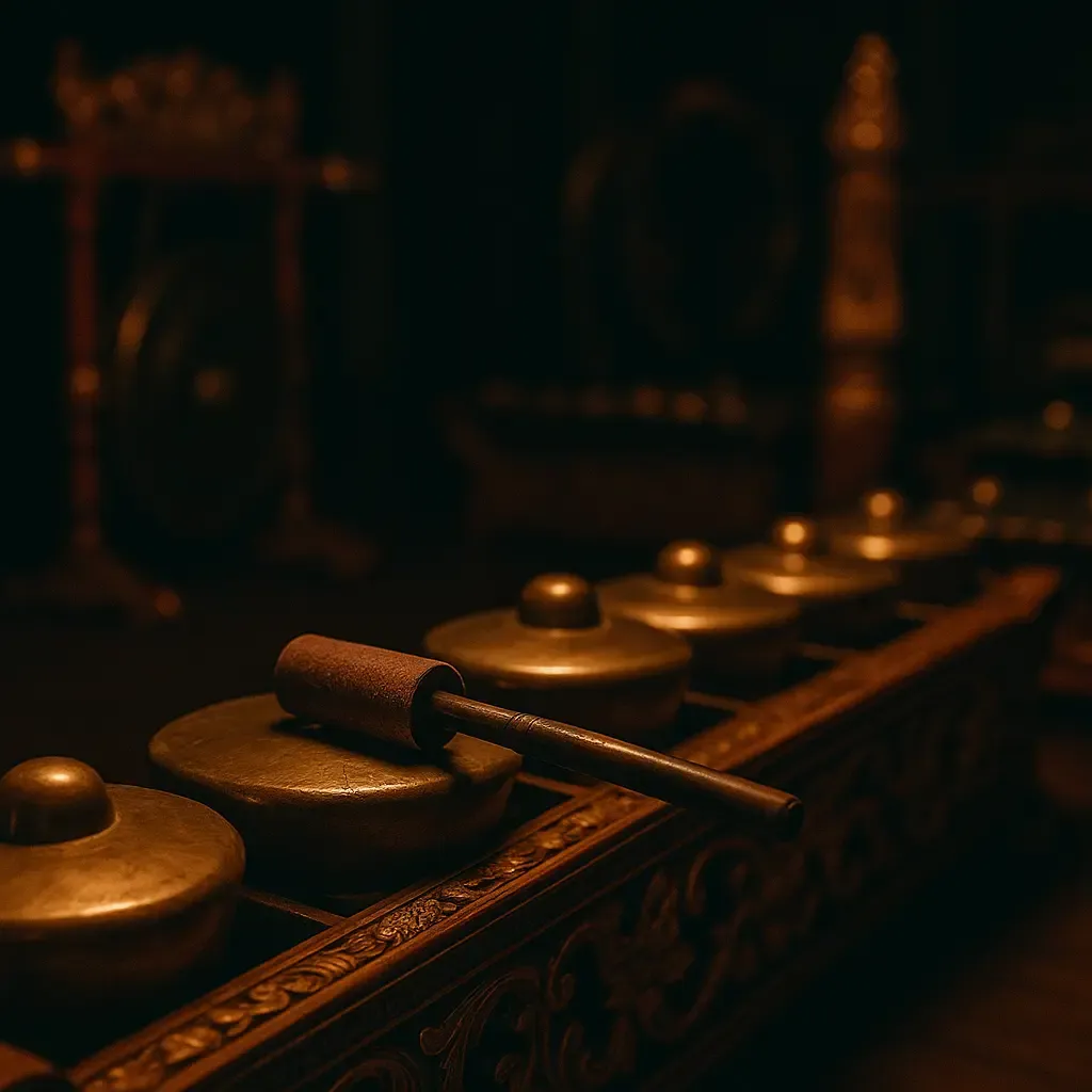 Instruments dorés du gamelan balinais, ambiance rituelle