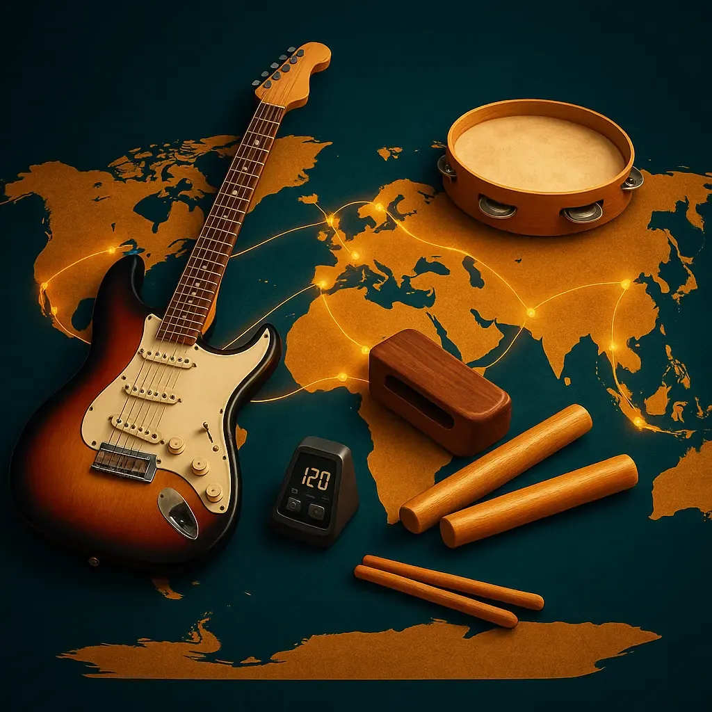 Claves et percussions du monde sur fond sombre, lumière dorée, ambiance studio premium