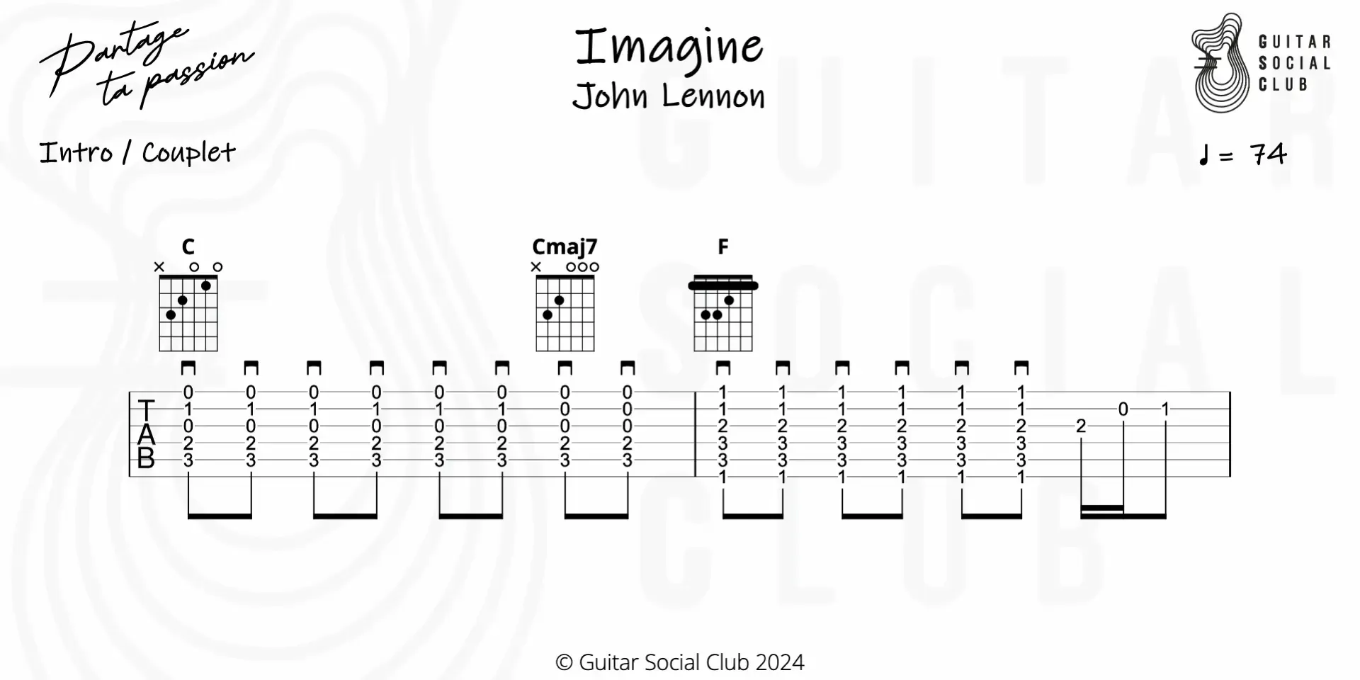 Partition de l'introduction d'Imagine à la guitare - Guitar Social Club