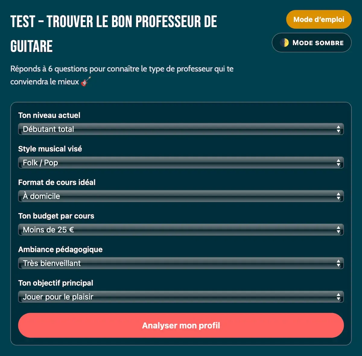 Test en ligne pour trouver le bon professeur de guitare