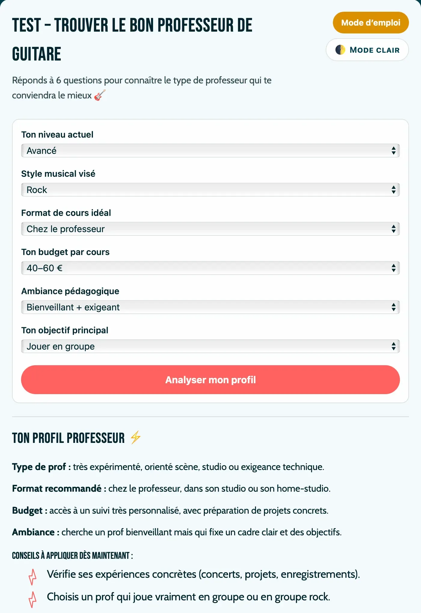 Questions du test pour trouver le bon professeur de guitare