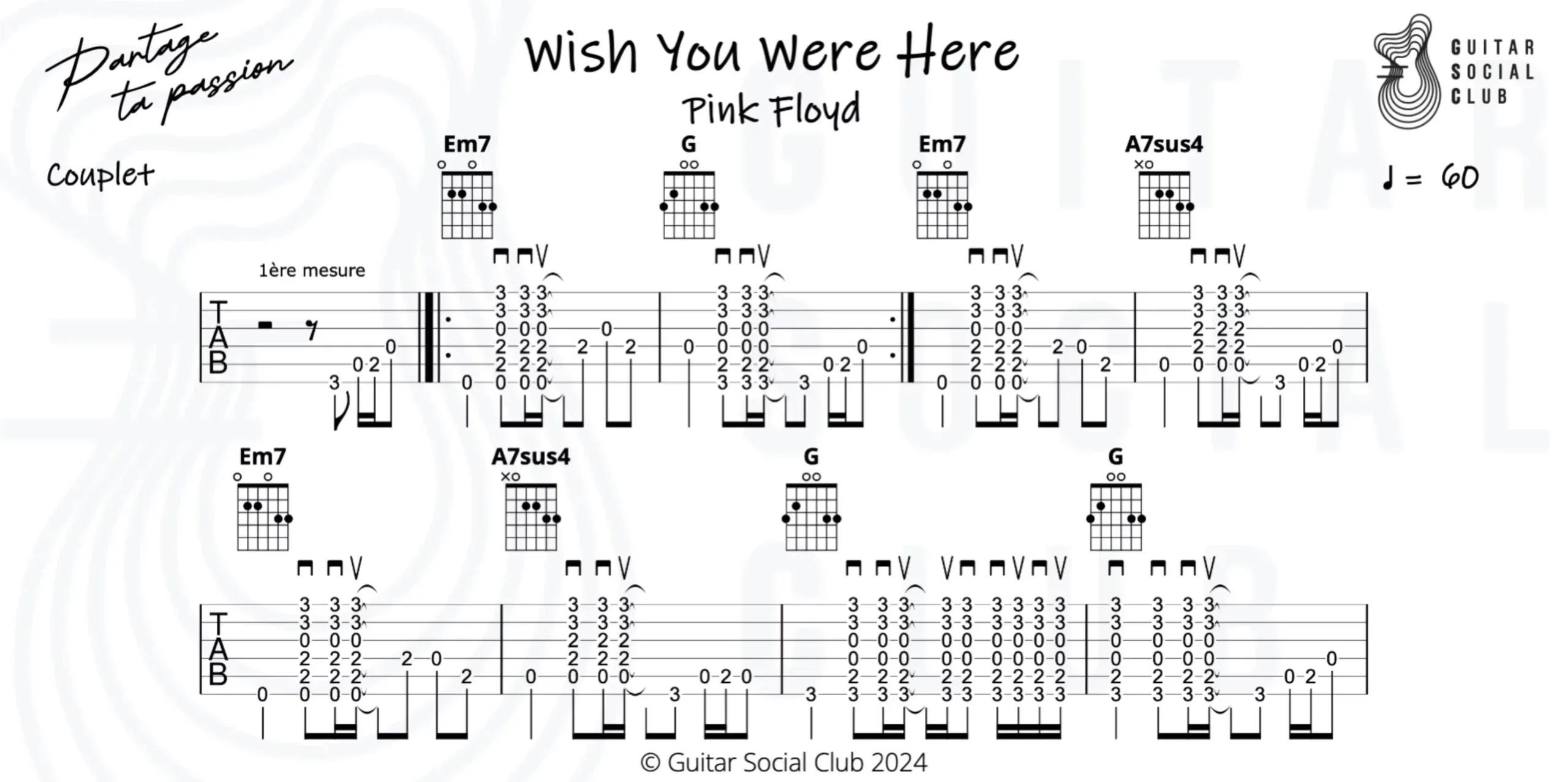 Partition guitare officielle Guitar Social Club de Wish You Were Here -- intro picking et accords