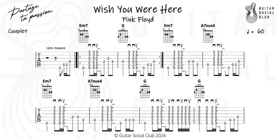 Partition guitare officielle Guitar Social Club de Wish You Were Here -- intro picking et accords