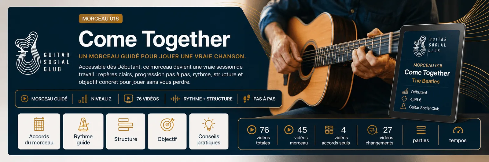 Come Together des Beatles : un morceau guidé pour jouer une vraie chanson au Guitar Social Club