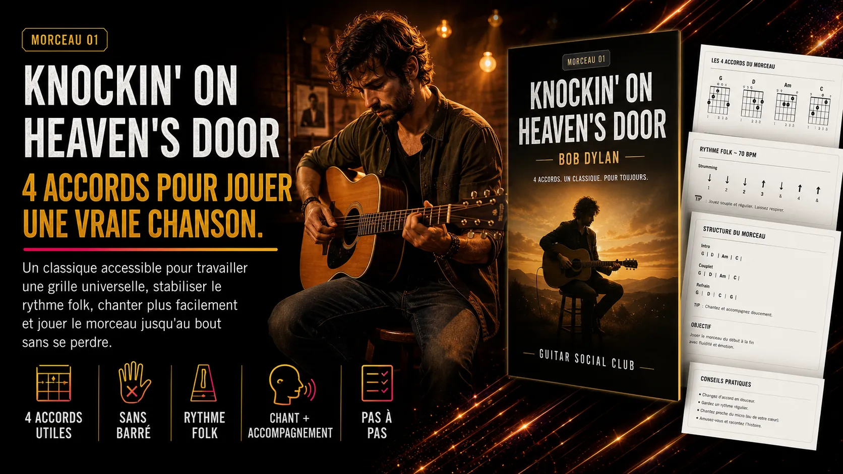 Knockin' on Heaven's Door de Bob Dylan : un morceau guidé en 4 accords pour jouer une vraie chanson au Guitar Social Club
