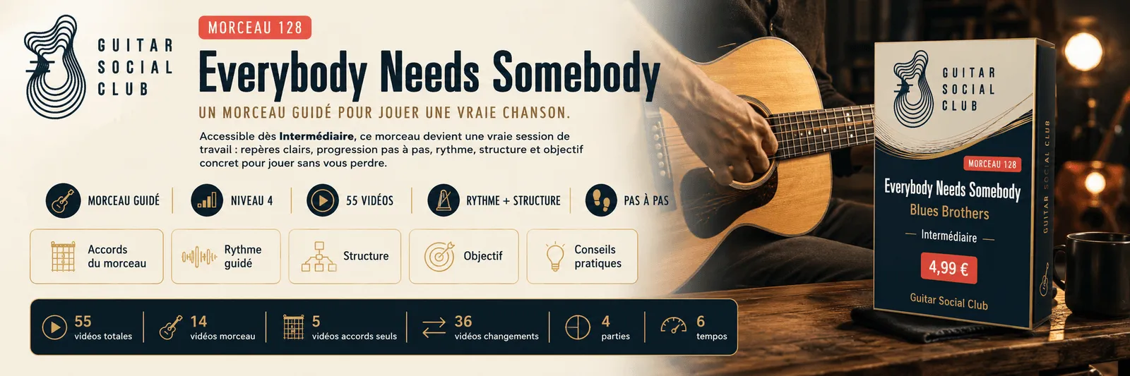 Everybody Needs Somebody de Blues Brothers : un morceau guidé pour jouer une vraie chanson au Guitar Social Club