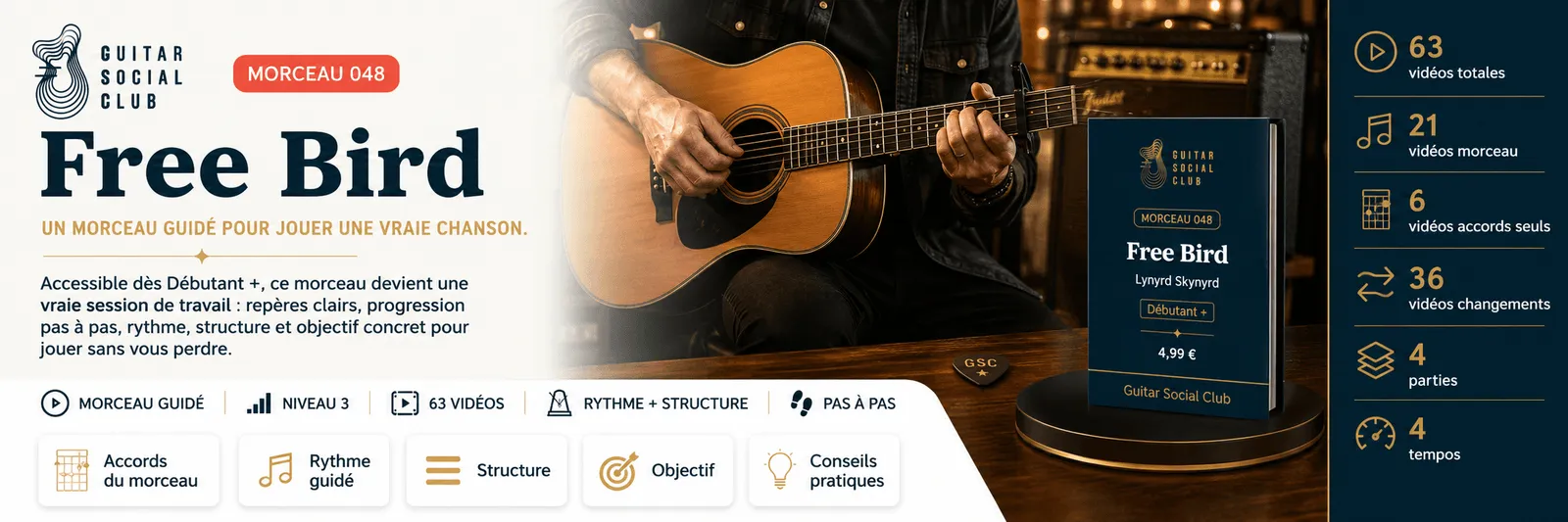Free Bird de Lynyrd Skynyrd : un morceau guidé pour jouer une vraie chanson au Guitar Social Club