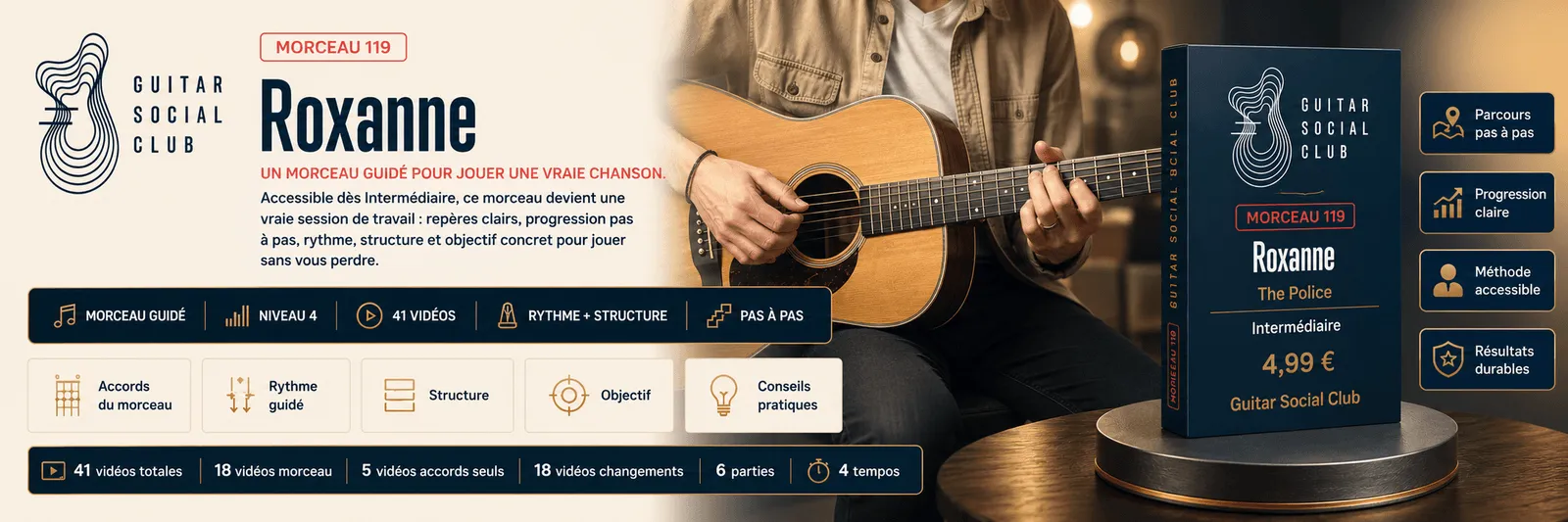 Roxanne de The Police : un morceau guidé pour jouer une vraie chanson au Guitar Social Club