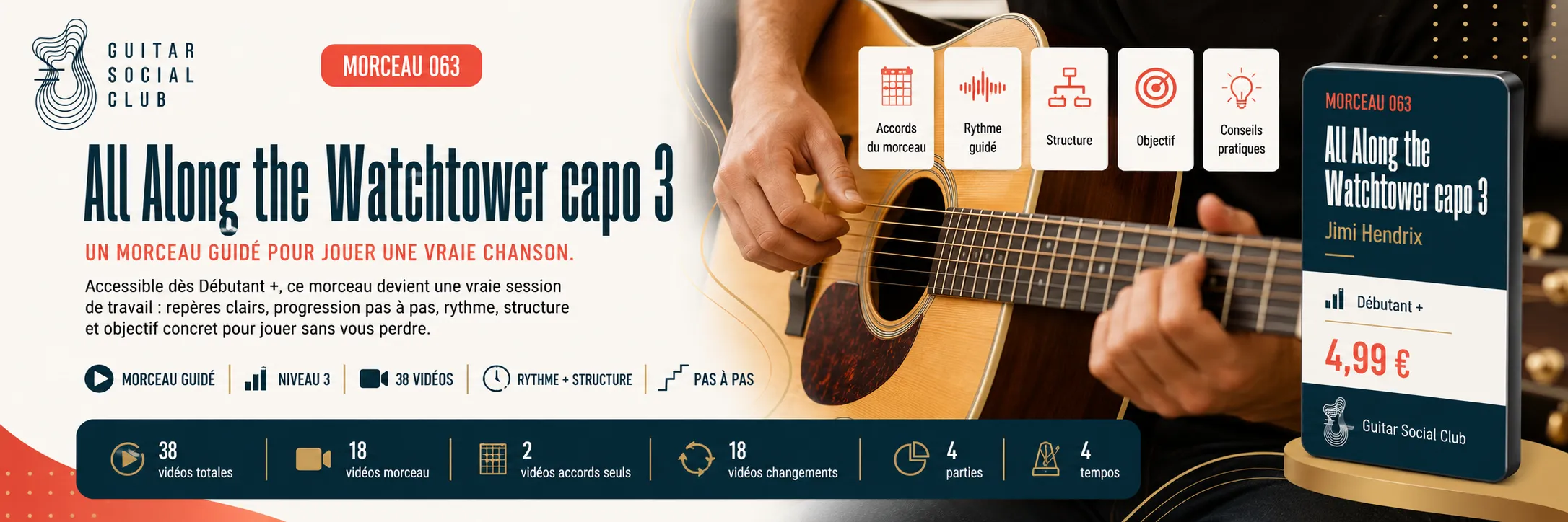 All Along the Watchtower capo 3 de Jimi Hendrix : un morceau guidé pour jouer une vraie chanson au Guitar Social Club