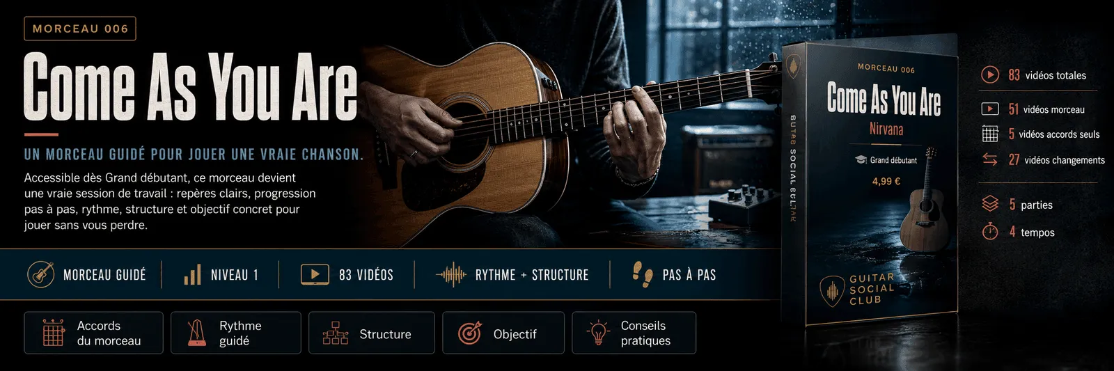 Come As You Are de Nirvana : un morceau guidé pour jouer une vraie chanson au Guitar Social Club