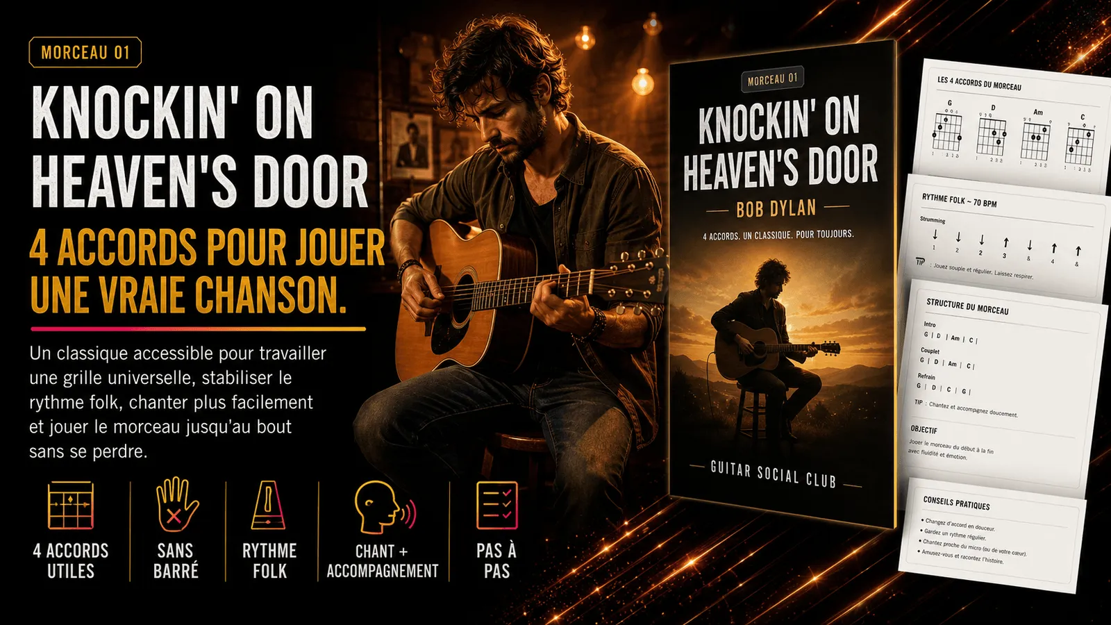 Knockin' on Heaven's Door de Bob Dylan : un morceau guidé en 4 accords pour jouer une vraie chanson au Guitar Social Club