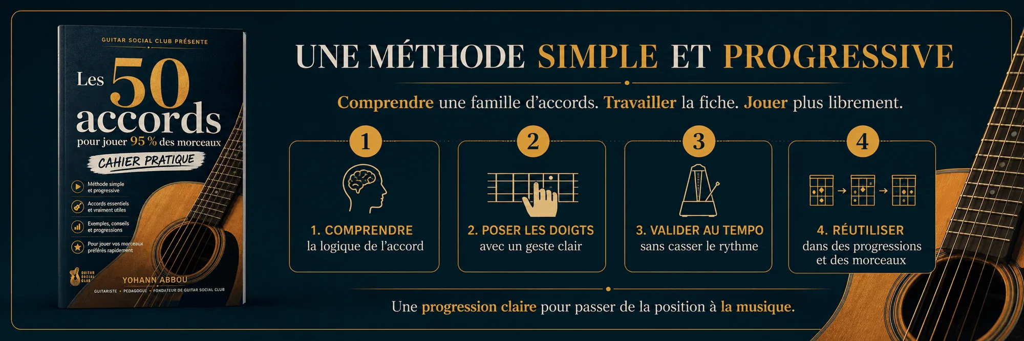 50 accords pour jouer 95% des morceaux : Une méthode simple et progressive : comprendre, poser les doigts, valider au tempo, réutiliser
