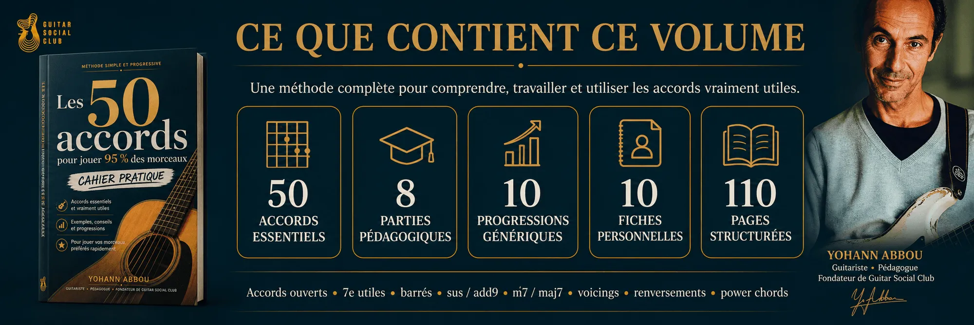 50 accords pour jouer 95% des morceaux : Ce que contient ce volume : 50 accords, 8 parties, 10 progressions, 10 fiches personnelles, 110 pages