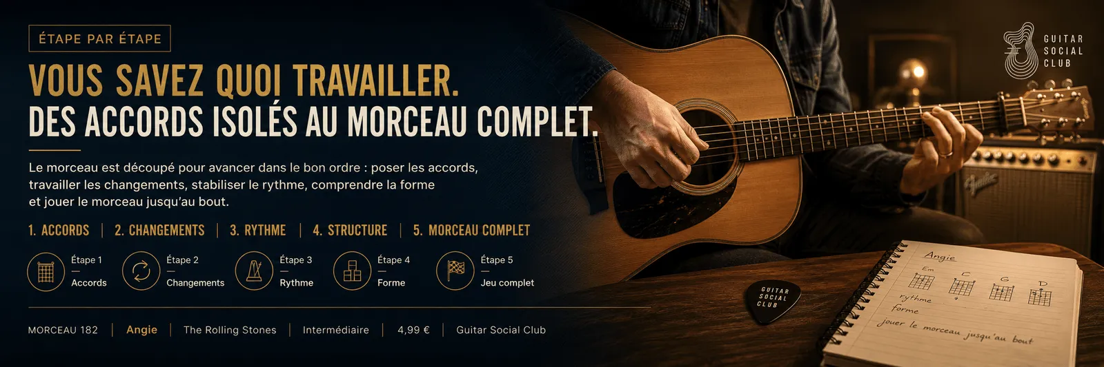 Le parcours pas à pas de Angie : accords, changements, rythme, forme, jeu complet