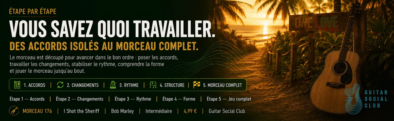 Le parcours pas à pas de I Shot the Sheriff : accords, changements, rythme, forme, jeu complet