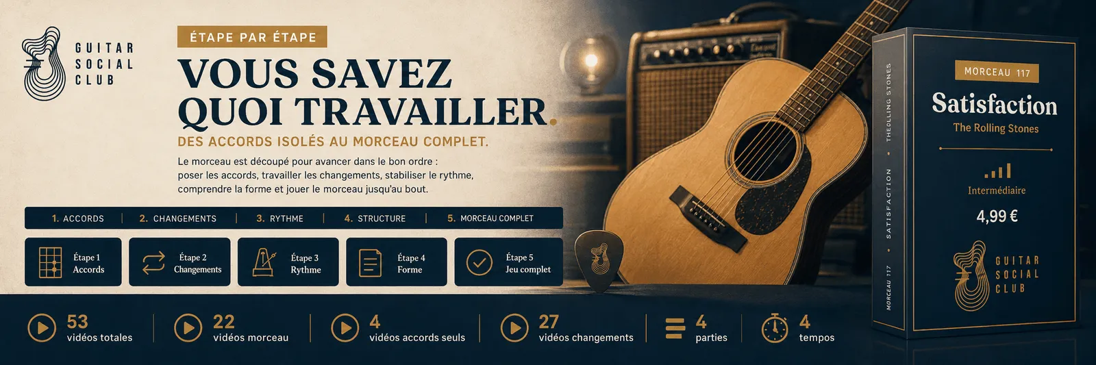 Le parcours pas à pas de Satisfaction : accords, changements, rythme, forme, jeu complet