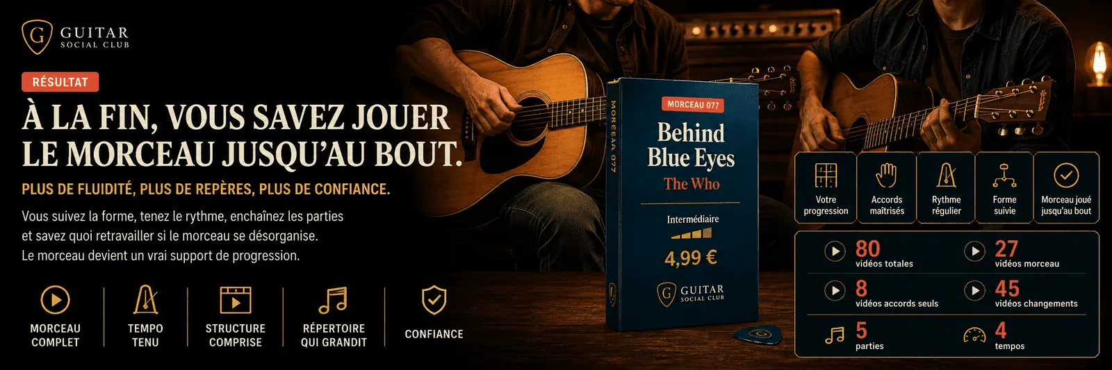 Le parcours pas à pas de Behind Blue Eyes : accords, changements, rythme, forme, jeu complet