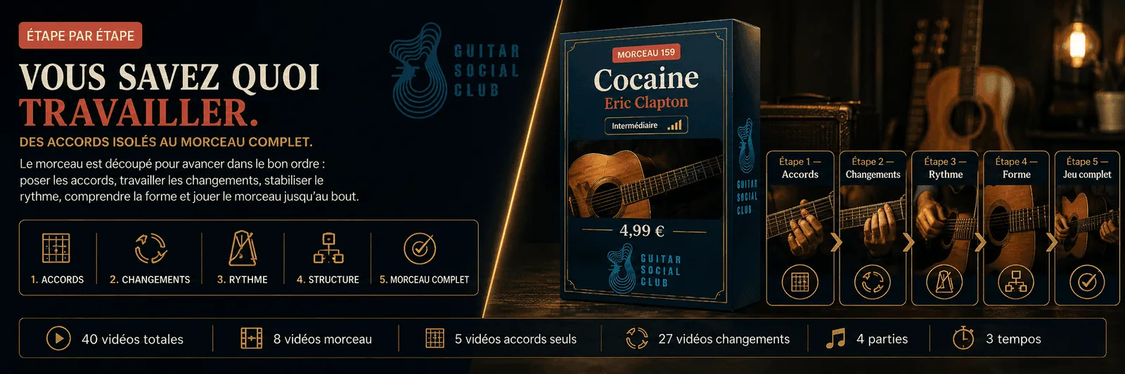 Le parcours pas à pas de Cocaine : accords, changements, rythme, forme, jeu complet