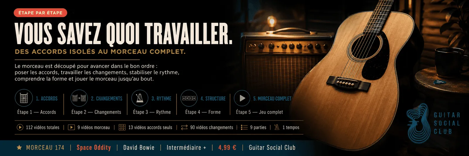 Le parcours pas à pas de Space Oddity : accords, changements, rythme, forme, jeu complet
