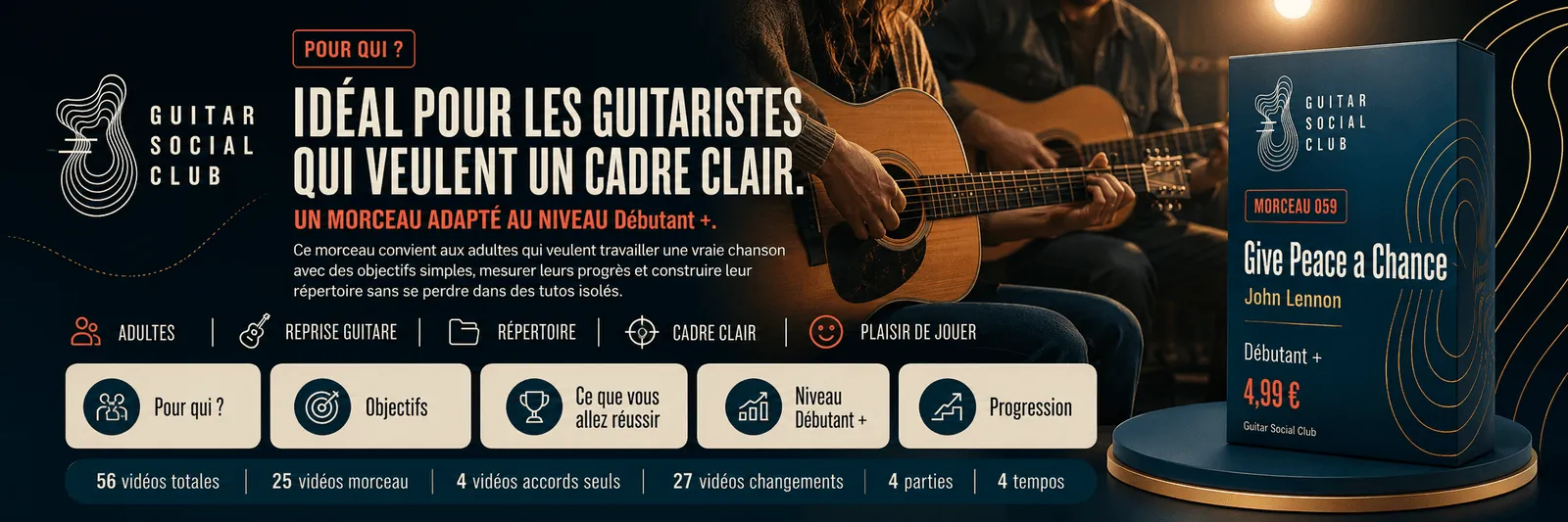 Le parcours pas à pas de Give Peace a Chance : accords, changements, rythme, forme, jeu complet