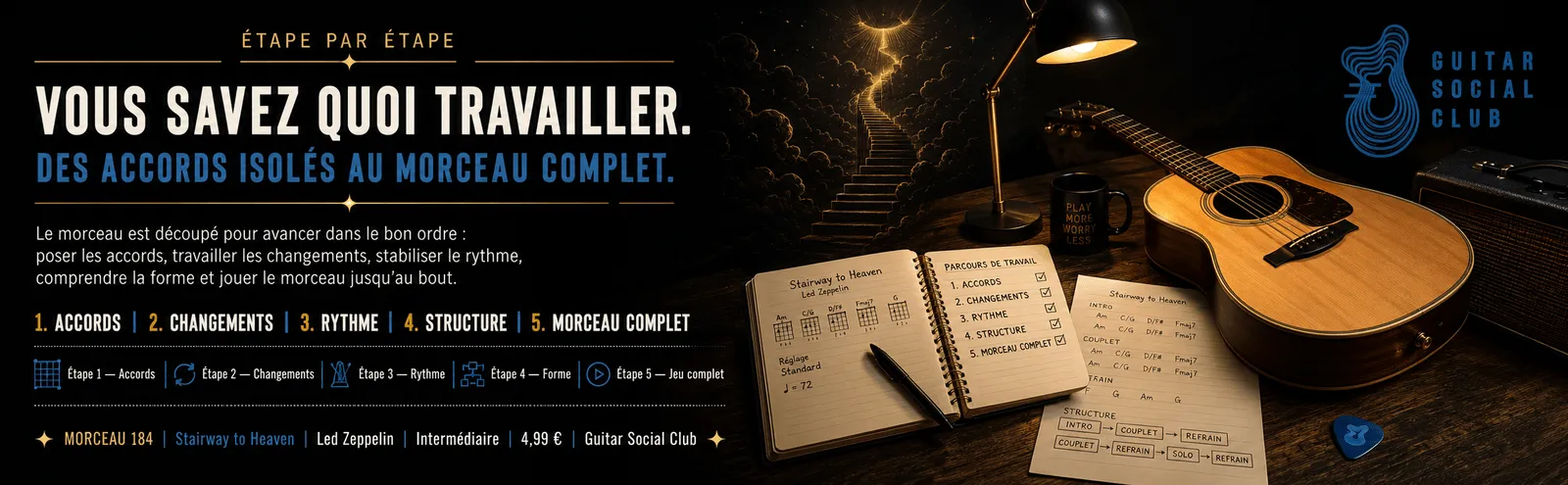 Le parcours pas à pas de Stairway to Heaven : accords, changements, rythme, forme, jeu complet