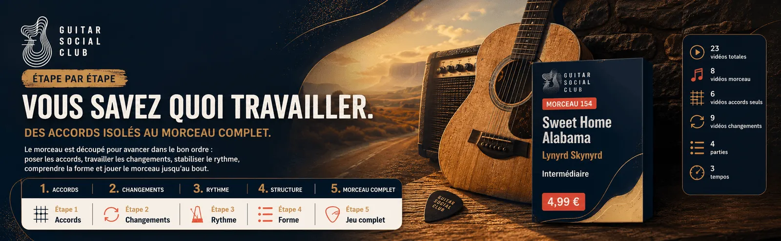 Le parcours pas à pas de Sweet Home Alabama : accords, changements, rythme, forme, jeu complet