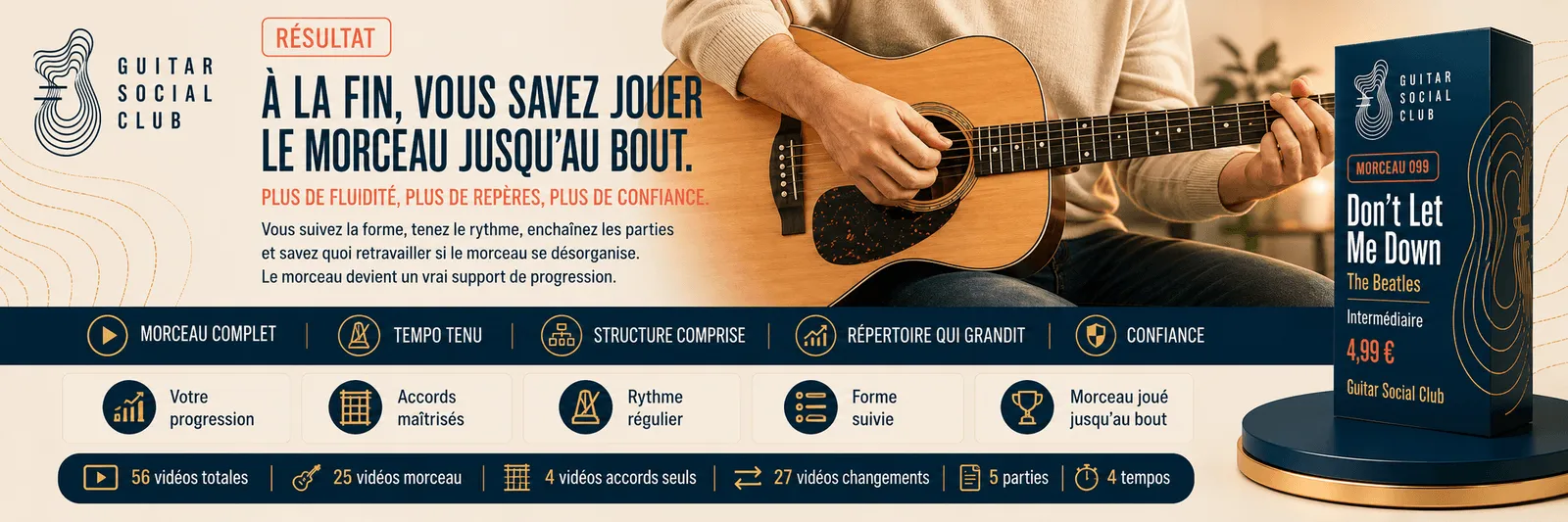 Le résultat : à la fin, tu sais jouer Don't Let Me Down jusqu'au bout avec plus de fluidité et de confiance