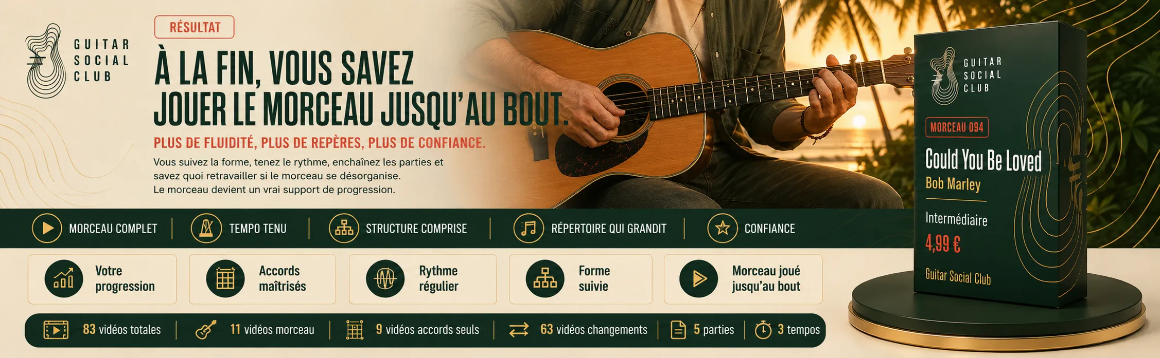 Le résultat : à la fin, tu sais jouer Could You Be Loved jusqu'au bout avec plus de fluidité et de confiance
