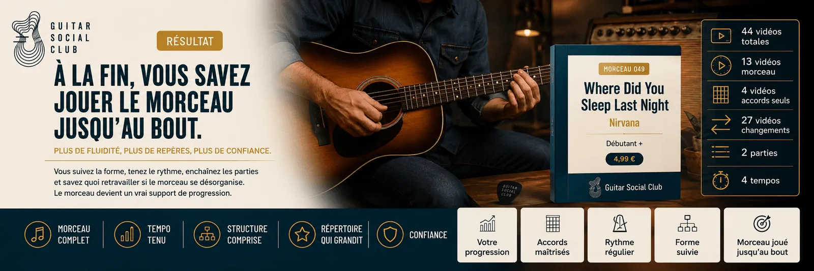 Le résultat : à la fin, tu sais jouer Where Did You Sleep Last Night jusqu'au bout avec plus de fluidité et de confiance