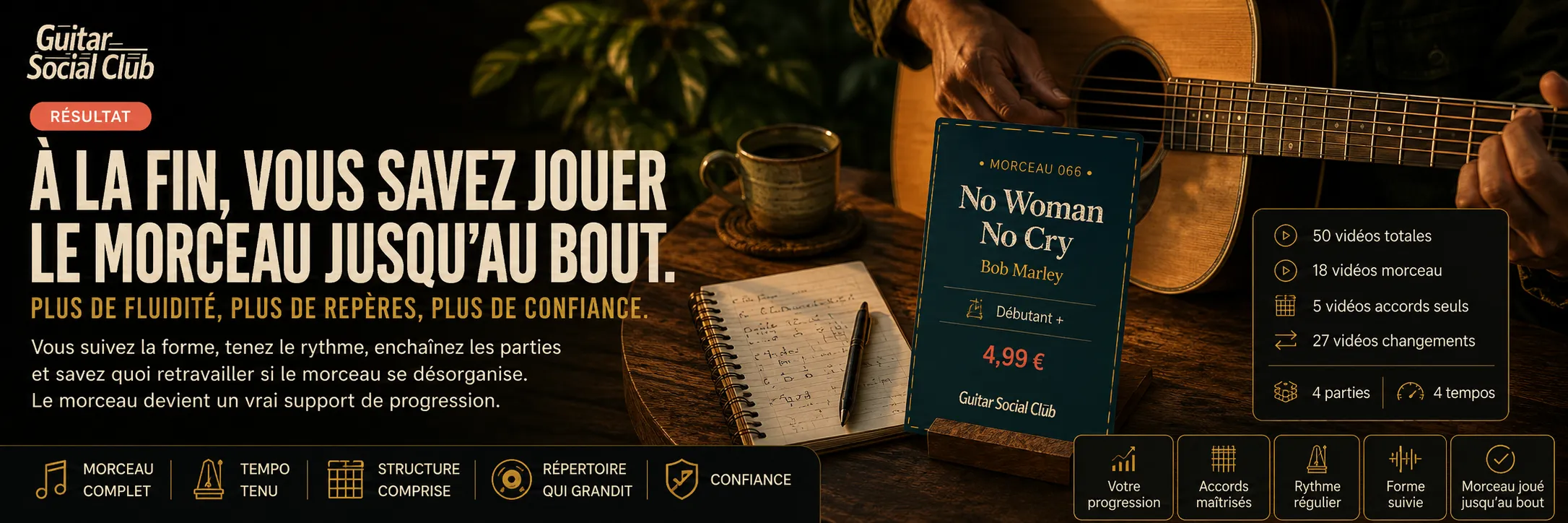 Le résultat : à la fin, tu sais jouer No Woman No Cry jusqu'au bout avec plus de fluidité et de confiance