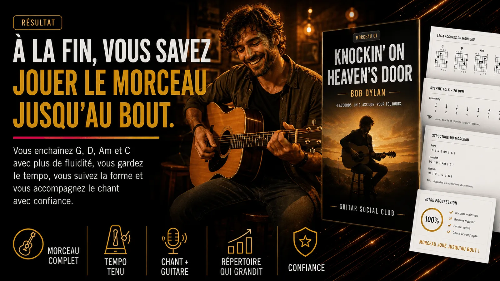 Le résultat : à la fin, tu sais jouer Knockin' on Heaven's Door du début à la fin avec confiance