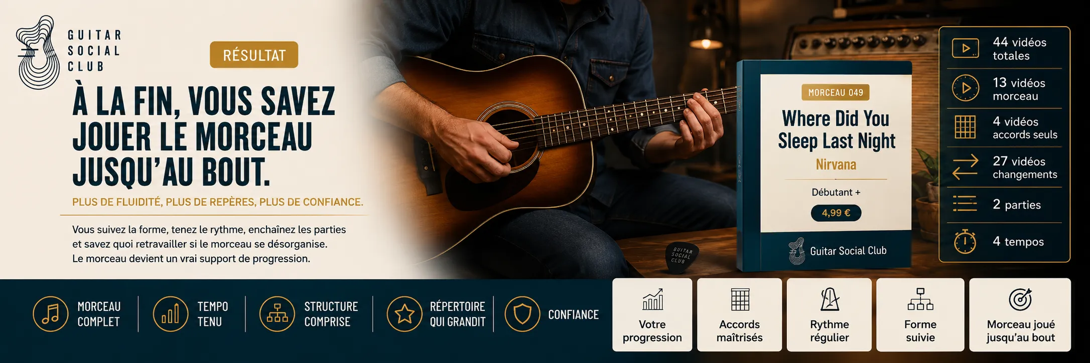 Le résultat : à la fin, tu sais jouer Where Did You Sleep Last Night jusqu'au bout avec plus de fluidité et de confiance