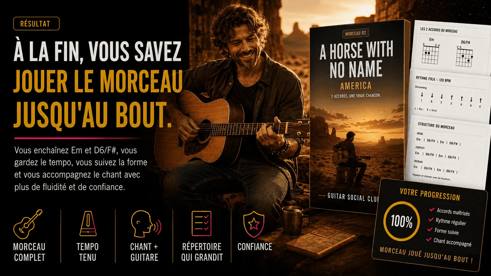 Le résultat : à la fin, tu sais jouer A Horse with No Name du début à la fin avec confiance