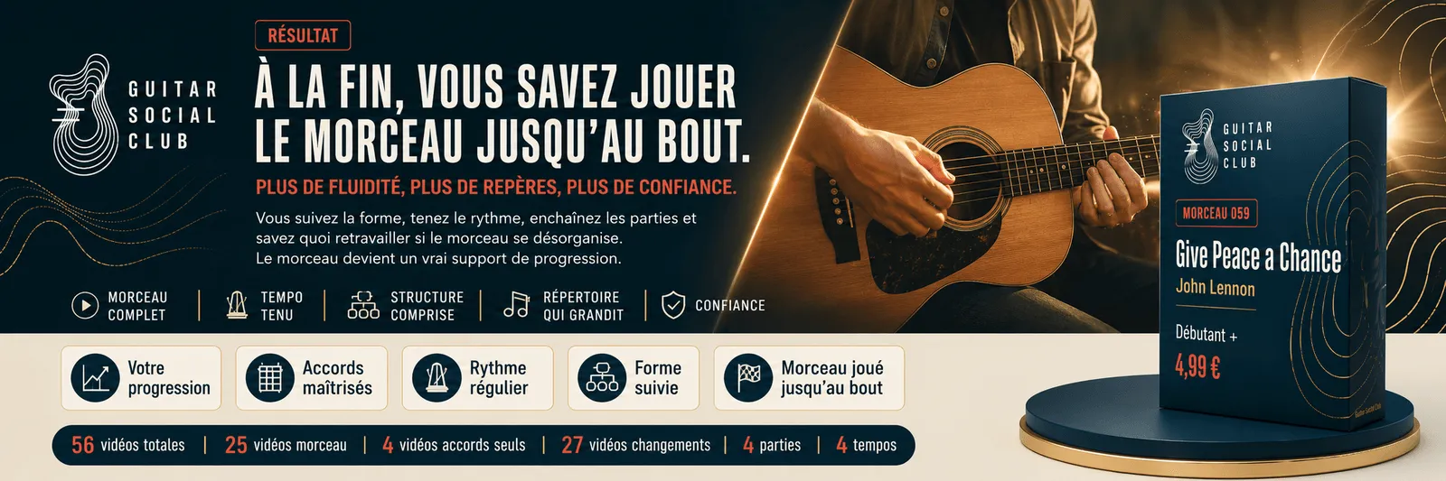 Le résultat : à la fin, tu sais jouer Give Peace a Chance jusqu'au bout avec confiance