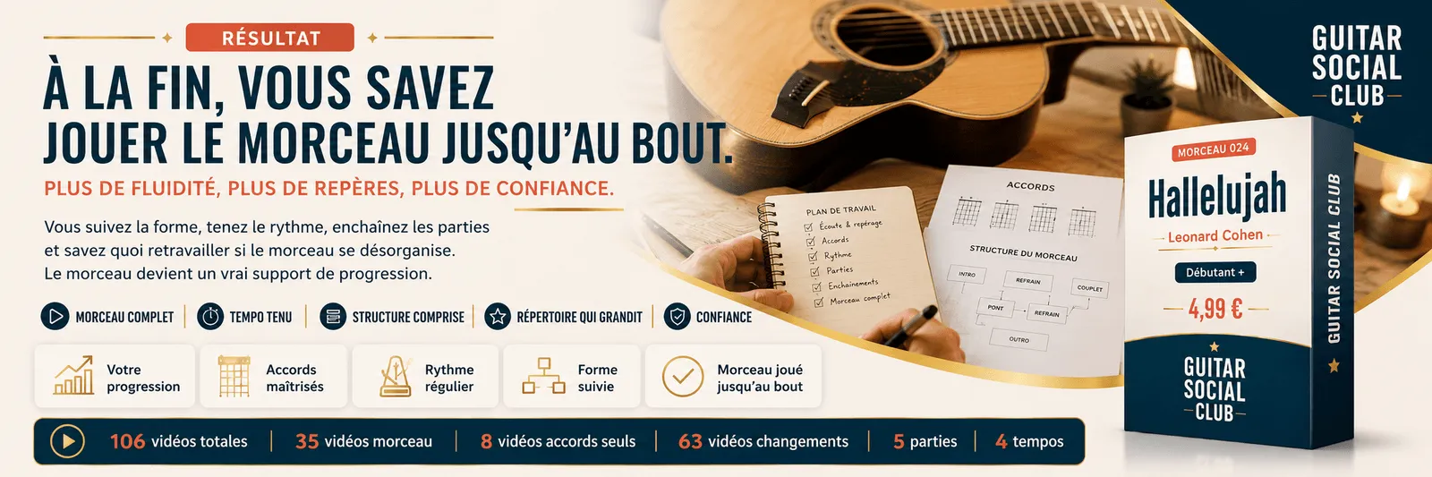 Le résultat : à la fin, tu sais jouer Hallelujah jusqu'au bout avec plus de fluidité et de confiance