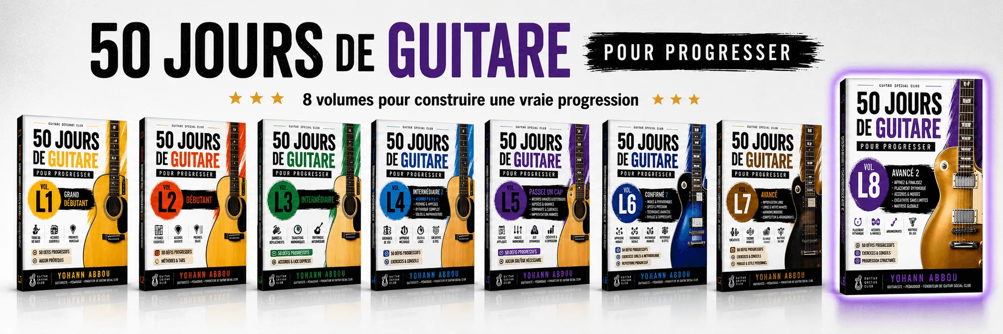 La collection 50 jours de guitare, tous les volumes L1 à L8 réunis dans un bundle