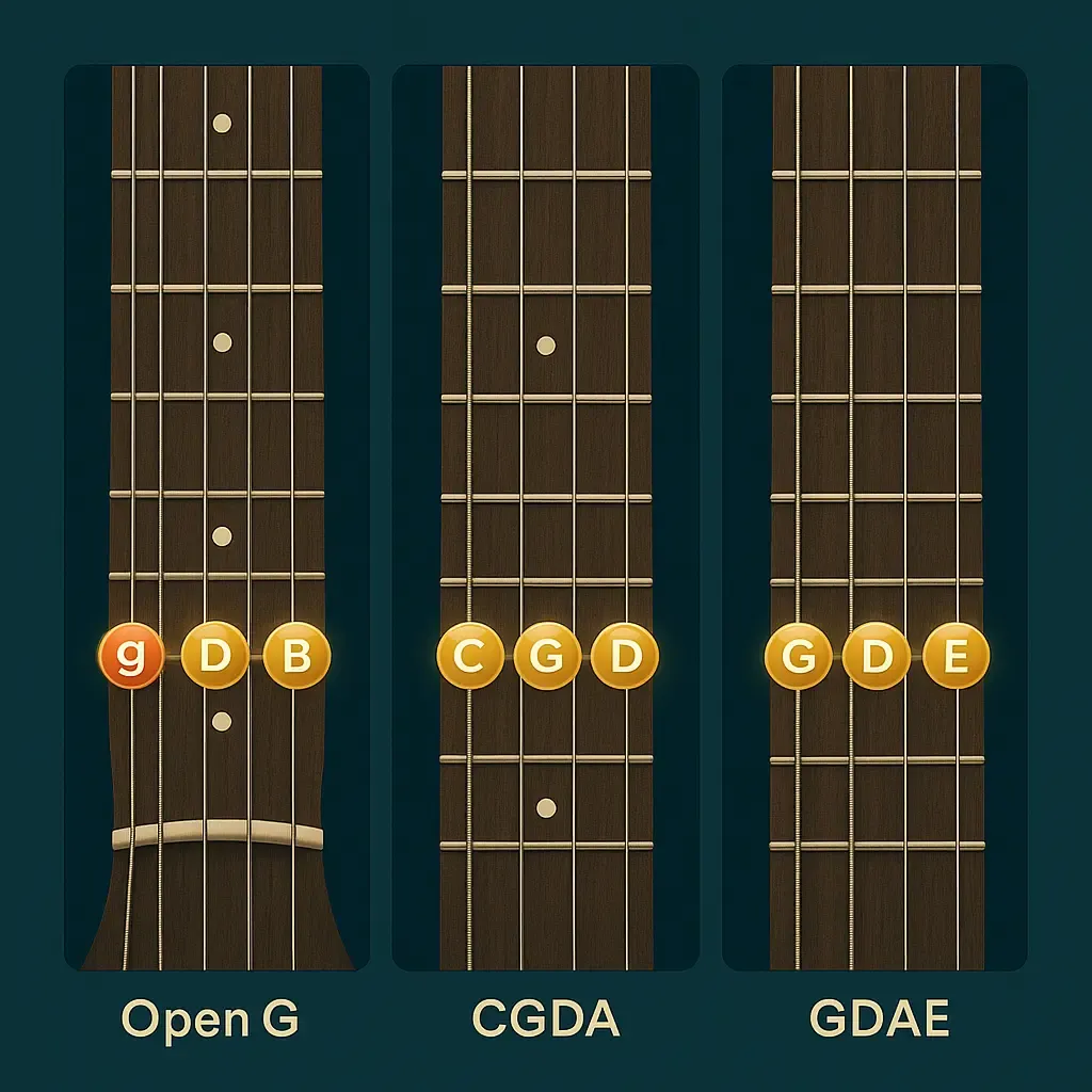 Repères visuels : Open G gDGBD, CGDA ténor, GDAE irlandais