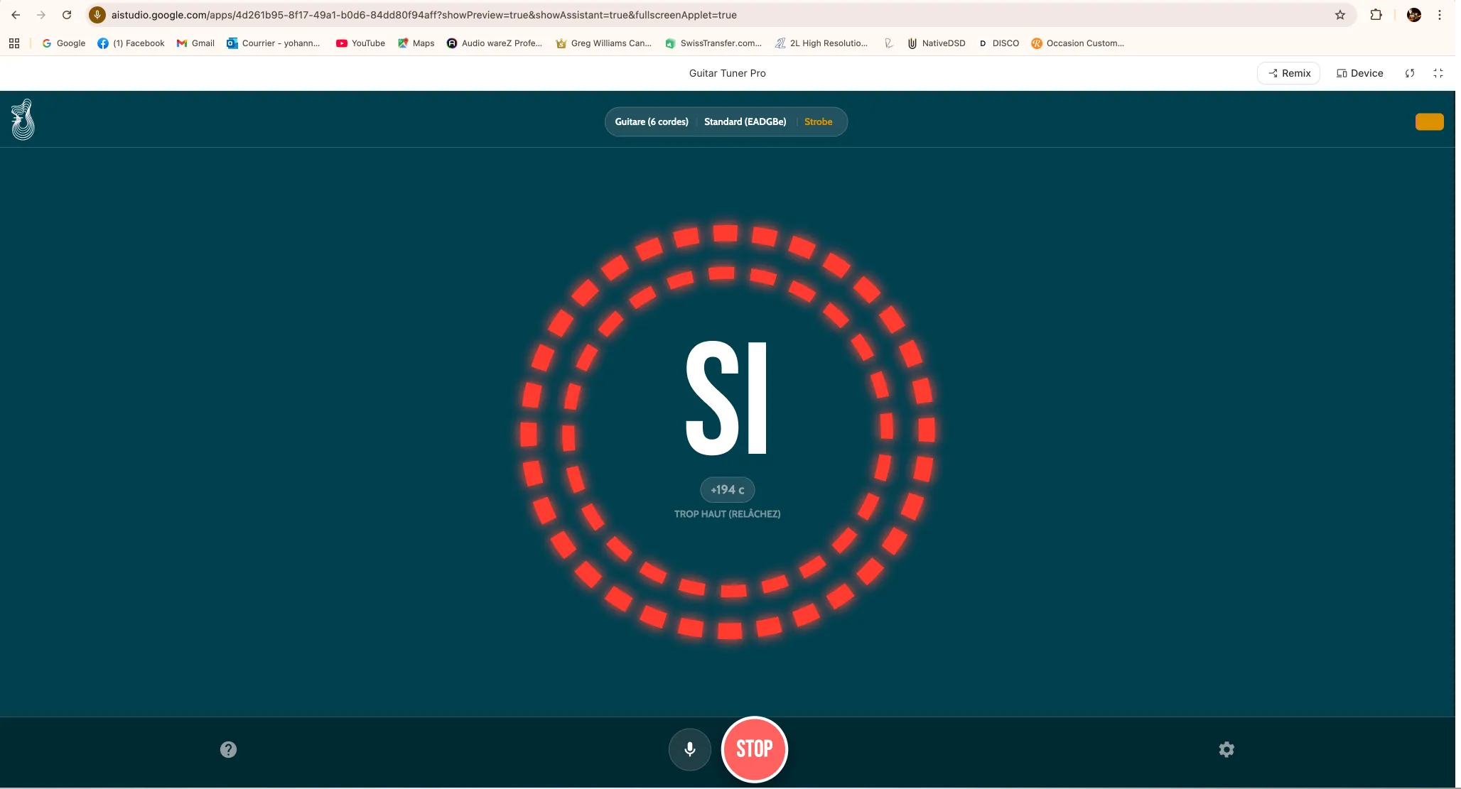 Application accordeur mobile Guitar Social Club en mode stroboscopique