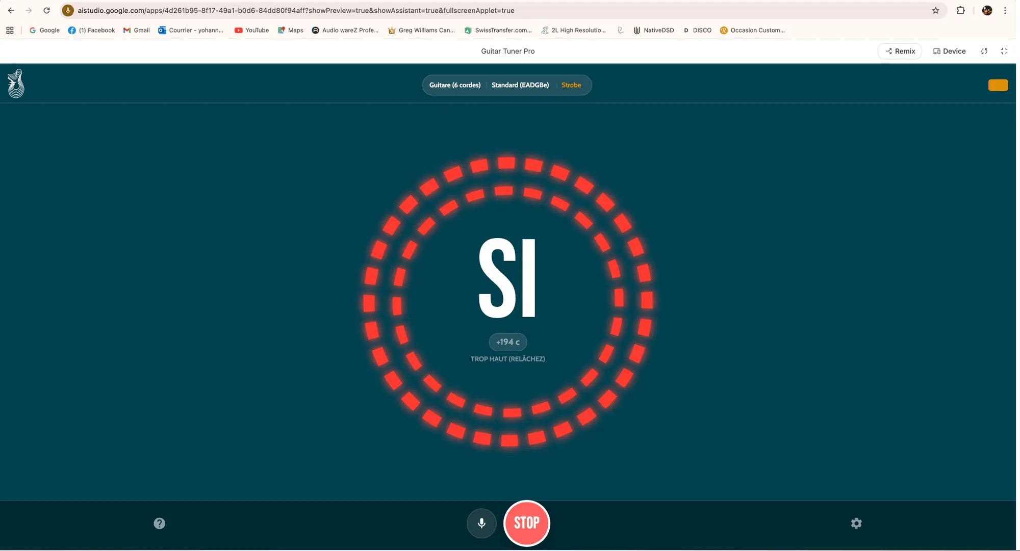 Application accordeur mobile Guitar Social Club en mode stroboscopique