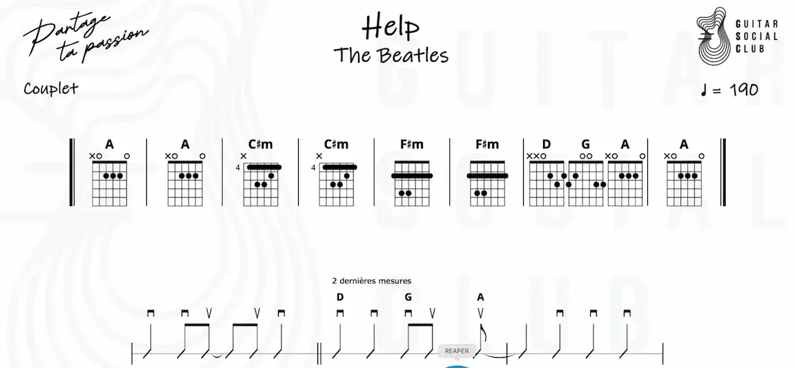 Partition du couplet de Help! des Beatles avec accords et tablature