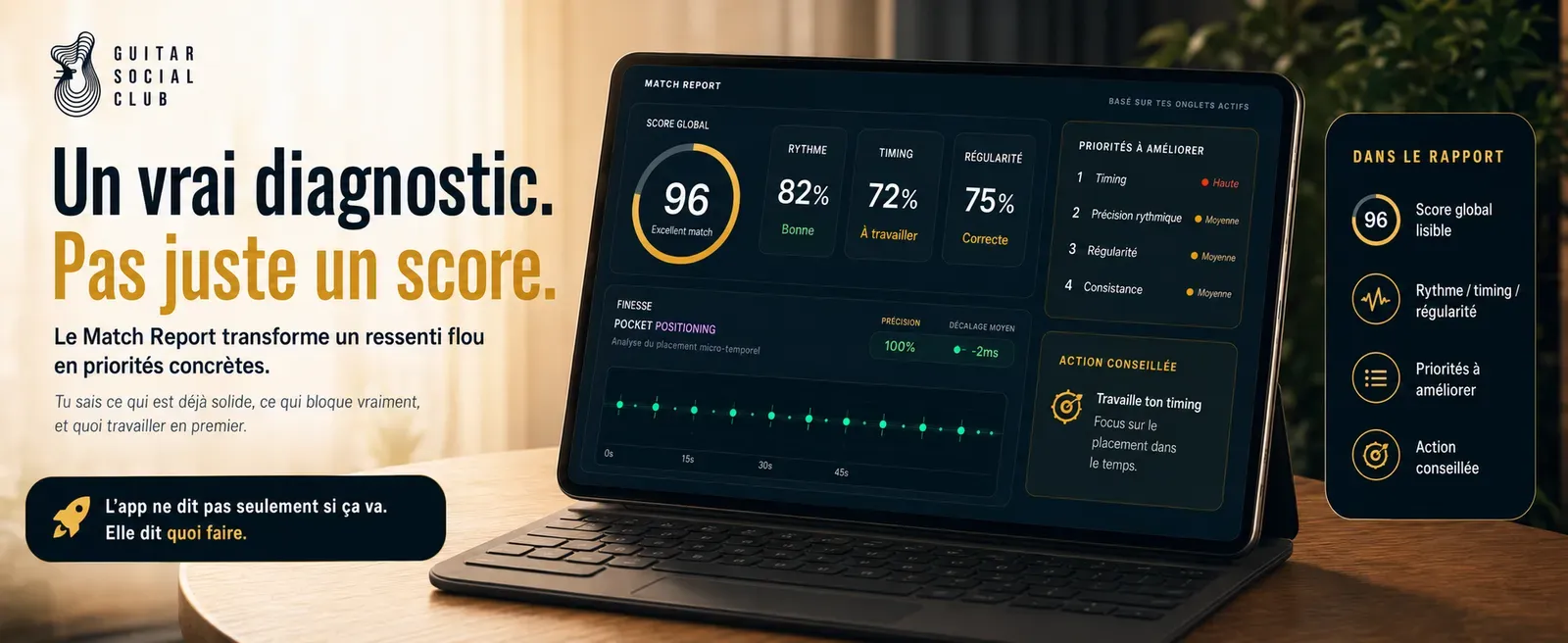 Le Match Report de Guitar Match & Play transforme un ressenti flou en priorités concrètes : score global, rythme, timing, régularité et action conseillée