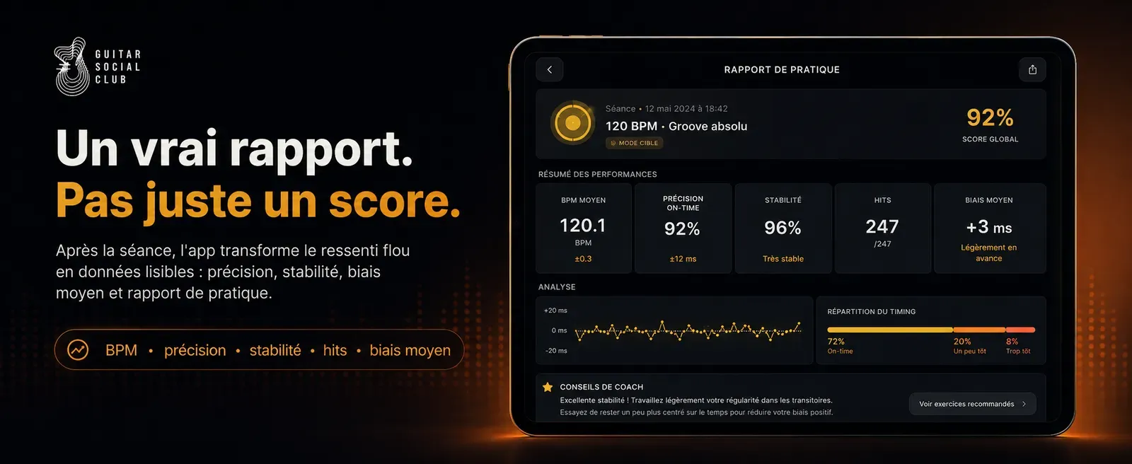 Rapport de pratique du Rhythm Trainer : BPM, précision, stabilité, hits et biais moyen après la séance