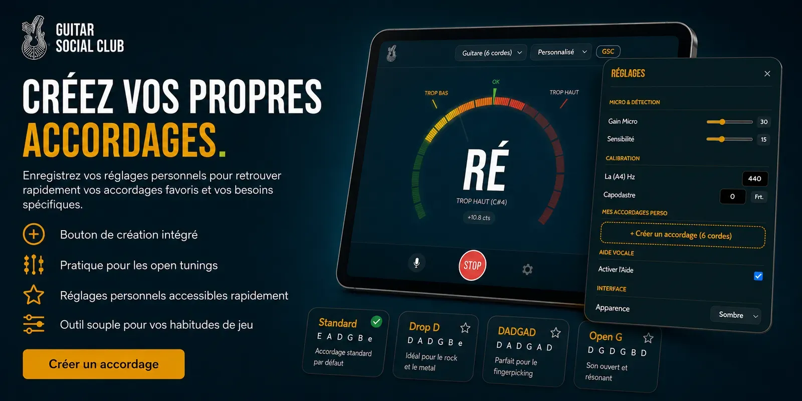 Création d'accordages personnalisés dans Guitar Tuner Pro : réglages enregistrés et accessibles rapidement