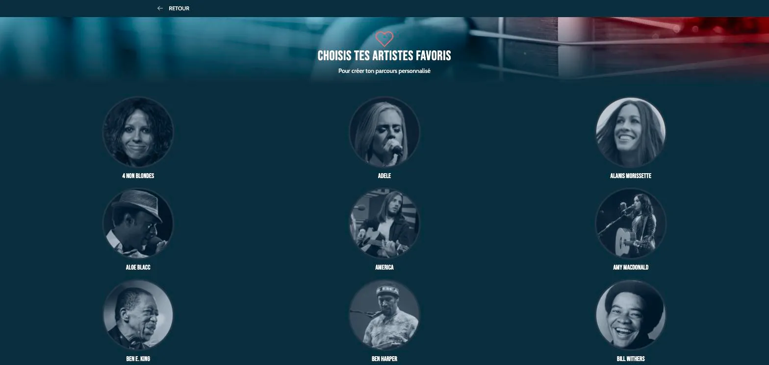 Écran de l'app Guitar Social Club : sélection des artistes favoris pour personnaliser le parcours