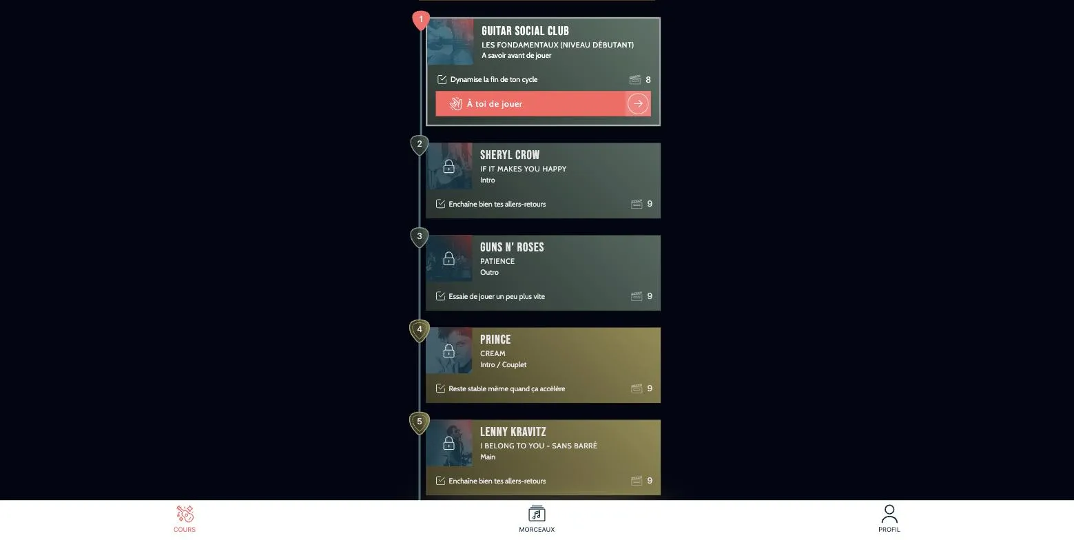 Écran parcours de l'app Guitar Social Club : morceau recommandé et prochaine étape
