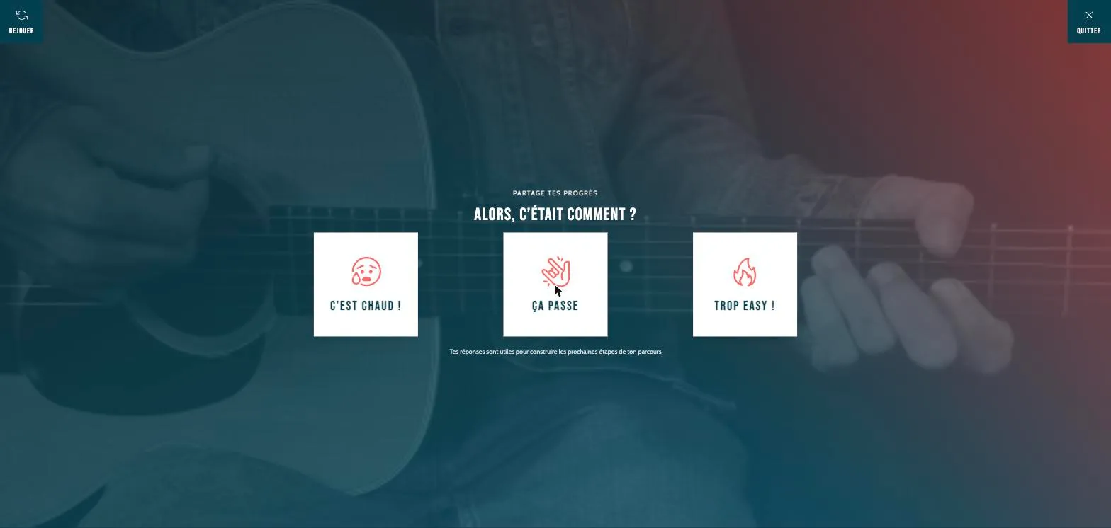 Écran de fin de séance Guitar Social Club : indiquer son ressenti (c'est chaud, ça passe, trop easy)