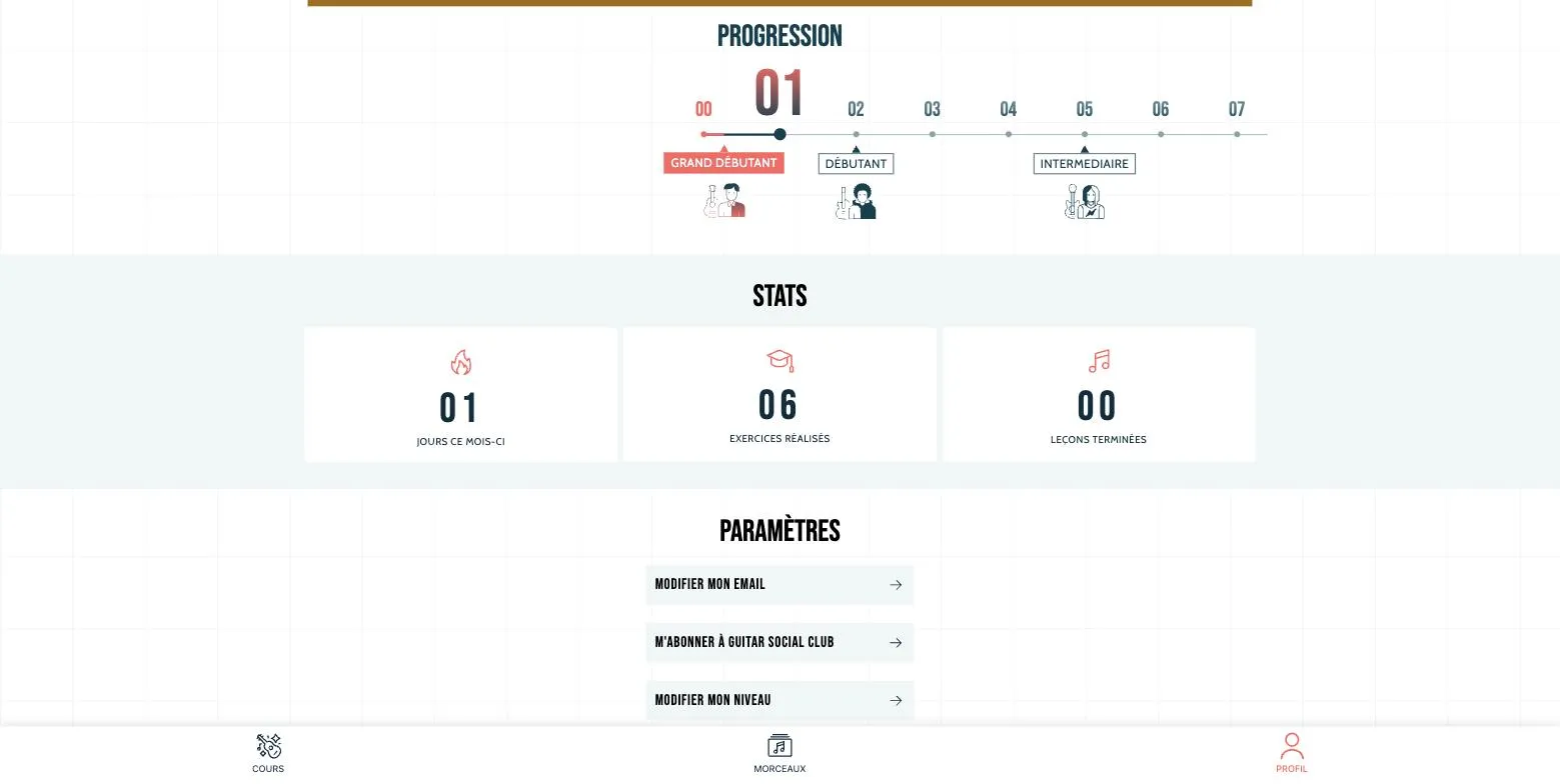 Écran de progression de l'app Guitar Social Club : niveau et statistiques de pratique